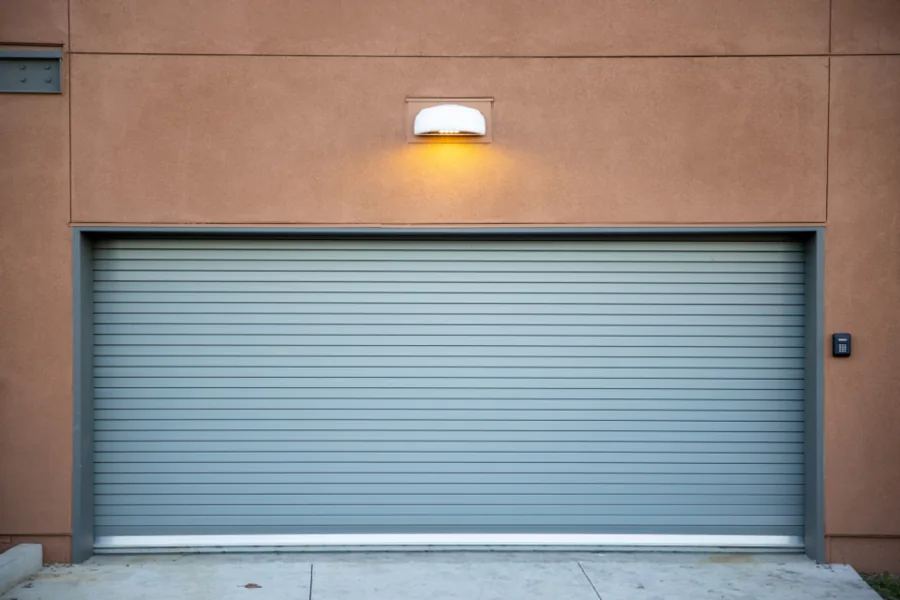 Roller shutter door of a garage under a wall light